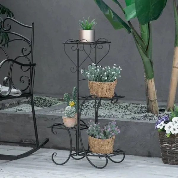 Discount Rootz blomsterstativ - metal blomsterstativ - 4 niveauer plantehylde - blomsterstige - blomsterstativ til indendørs og udendørs - Have - Balkon - Sort | CDON Plantestativer