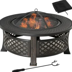 Rootz Fire Pit - Ildskål - Ildkurv - Ildbord - Rundt ildsted - Til havecamping - BBQ - Med Poker Spark Protection - Stål - Sort - 81 x 81 x 50 cm Pejse
