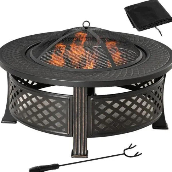 Rootz Fire Pit - Ildskål - Ildkurv - Ildbord - Rundt ildsted - Til havecamping - BBQ - Med Poker Spark Protection - Stål - Sort - 81 x 81 x 50 cm Pejse