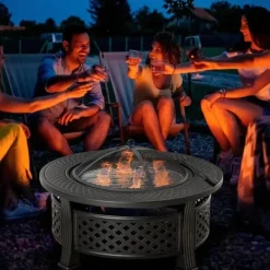 Rootz Fire Pit - Ildskål - Ildkurv - Ildbord - Rundt ildsted - Til havecamping - BBQ - Med Poker Spark Protection - Stål - Sort - 81 x 81 x 50 cm Pejse