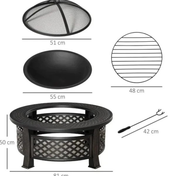 Rootz Fire Pit - Ildskål - Ildkurv - Ildbord - Rundt ildsted - Til havecamping - BBQ - Med Poker Spark Protection - Stål - Sort - 81 x 81 x 50 cm Pejse