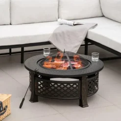 Rootz Fire Pit - Ildskål - Ildkurv - Ildbord - Rundt ildsted - Til havecamping - BBQ - Med Poker Spark Protection - Stål - Sort - 81 x 81 x 50 cm Pejse