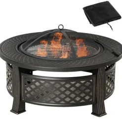 Rootz Fire Pit - Ildskål - Ildkurv - Ildbord - Rundt ildsted - Til havecamping - BBQ - Med Poker Spark Protection - Stål - Sort - 81 x 81 x 50 cm Pejse