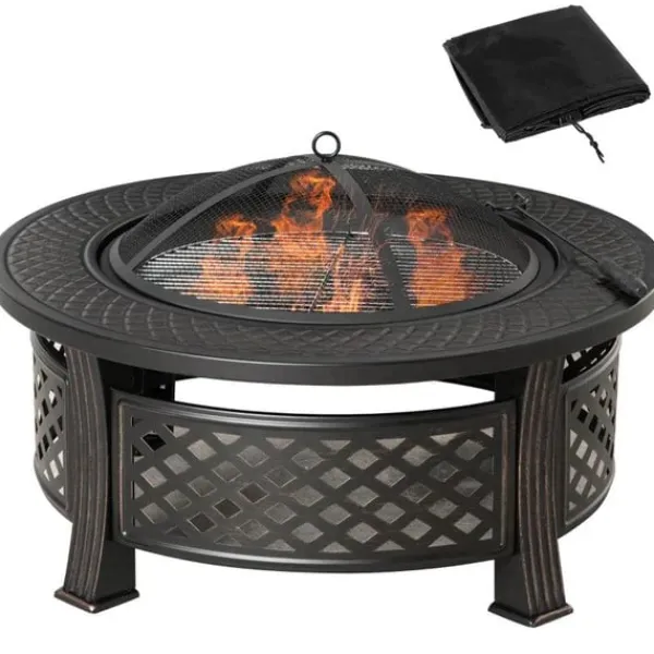 Rootz Fire Pit - Ildskål - Ildkurv - Ildbord - Rundt ildsted - Til havecamping - BBQ - Med Poker Spark Protection - Stål - Sort - 81 x 81 x 50 cm Pejse