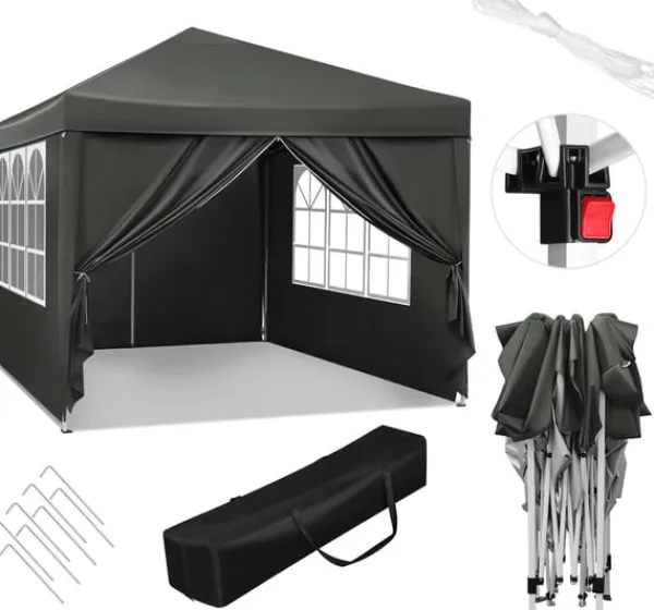 Telte & Lysthuse^Rootz Gazebo Pop-Up telt - Vandtæt Pagoda - Solafskærmning - UV-beskyttelse, Regnbestandig, Nem opsætning - Metal og 210D Oxford-stof - 3 x 3 m Grå