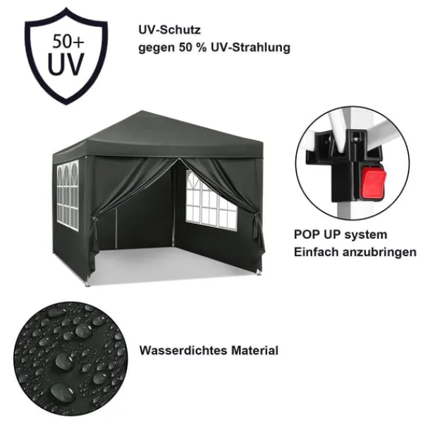 Telte & Lysthuse^Rootz Gazebo Pop-Up telt - Vandtæt Pagoda - Solafskærmning - UV-beskyttelse, Regnbestandig, Nem opsætning - Metal og 210D Oxford-stof - 3 x 3 m Grå