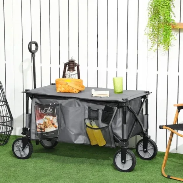 Discount Rootz Havevogn - Cargo Traile On Wheels - Sammenklappelig vogn - 5 sidelommer - Justerbart håndtag - Op til 120 Kg - Stål - Mørkegrå - 100 x 55 x 93 c | CDON Haveværktøj