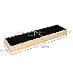 Discount Rootz Højbed - 2 planteområder - Indvendig foring lavet af fleece - Vejrbestandig - Massivt træ - 244 cm x 61,5 cm x 27 cm Plantningsbænke