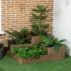 Plantningsbænke^Rootz Højseng - 4 plantekasser på 3 niveauer - Vejrbestandig - Massivt træ - Naturlig - 122 cm x 122 cm x 51 cm