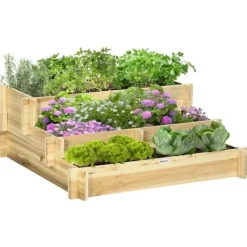 Krukker & Plantebeholdere^Rootz Højseng - Blomsterkasse - 3 Etager - Drænåbning - Stoffor - Naturligt træ - 93 x 93 x 35 cm