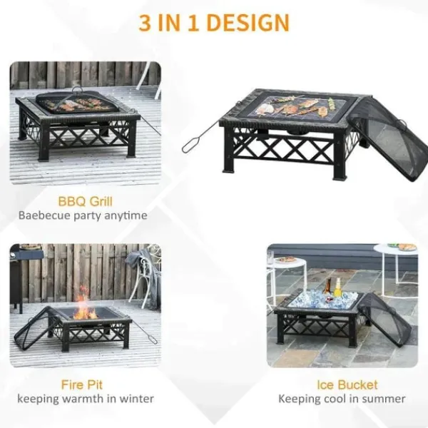 Pejse^Rootz 3-i-1 Bålplads - Bålplads med gnistbeskyttelse - Grillrist - Isspand - Have - BBQ - Sort 76 x 76 x 47 cm