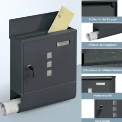 Postkasser & Brevindkast^Rootz Mailbox - Letterbox - Postbox - Holdbar, rustbestandig - 30,6 x 33,5 x 10 cm grå
