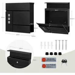 Postkasser & Brevindkast^Rootz Mailbox med avisrum - Letterbox - Wall Mount Post Box - Vandtæt - 37x37x10,5 cm sort