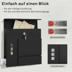 Postkasser & Brevindkast^Rootz Mailbox med avisrum - Letterbox - Wall Mount Post Box - Vandtæt - 37x37x10,5 cm sort