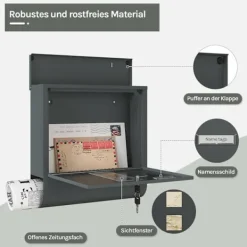 Postkasser & Brevindkast^Rootz Mailbox med visningsvindue - Letterbox - Postbox - Inkluderer navnemærke - Galvaniseret metalplade - Vandtæt - 37x37x10,5 cm - Grå