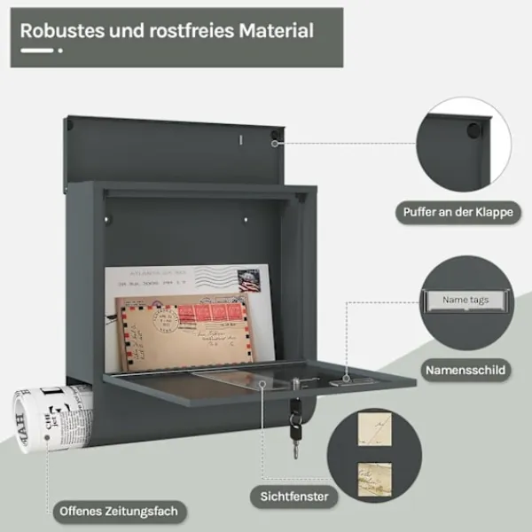 Postkasser & Brevindkast^Rootz Mailbox med visningsvindue - Letterbox - Postbox - Inkluderer navnemærke - Galvaniseret metalplade - Vandtæt - 37x37x10,5 cm - Grå