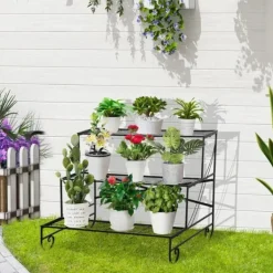 Clearance Rootz metal blomsterstativ - plantestativ - 3 etagers blomsterstativ - sort - 95 x 63 x 72 cm Plantestativer