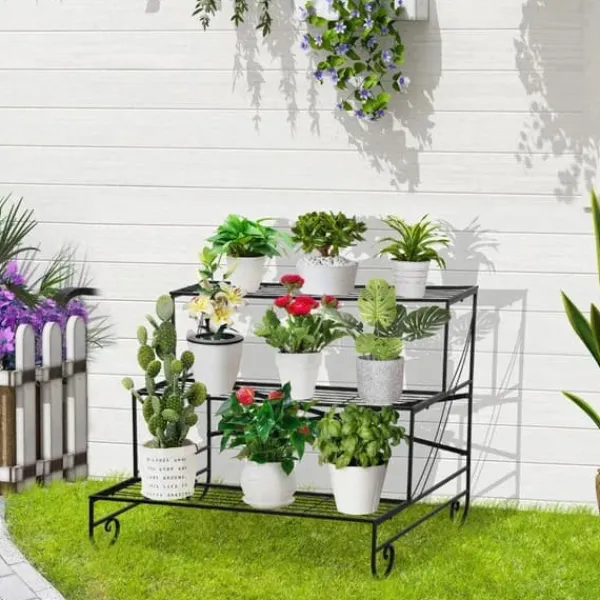 Clearance Rootz metal blomsterstativ - plantestativ - 3 etagers blomsterstativ - sort - 95 x 63 x 72 cm Plantestativer
