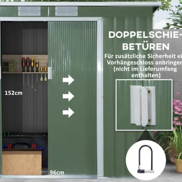 Discount Rootz Tool Shed - Garden Shed - Opbevaringsskur - Holdbar og ventileret - 213 x 130 x 159 cm - Grøn Skure, Garager & Carports