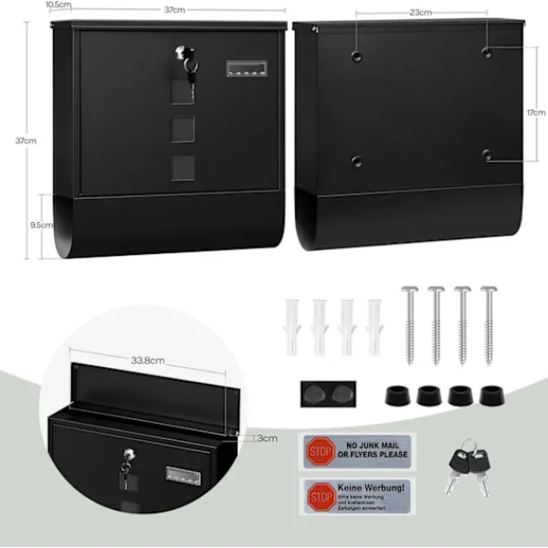 Postkasser & Brevindkast^Rootz Wall Mailbox - Outdoor Letterbox - Locking Mail Holder - Rust -resistente, Privacy Secure - 37x37x10,5 cm sort