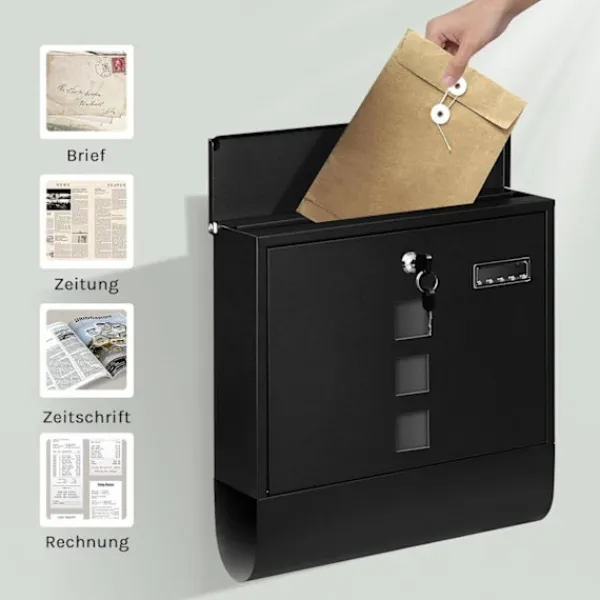 Postkasser & Brevindkast^Rootz Wall Mailbox - Outdoor Letterbox - Locking Mail Holder - Rust -resistente, Privacy Secure - 37x37x10,5 cm sort