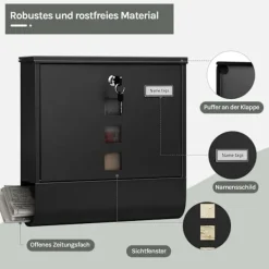 Postkasser & Brevindkast^Rootz Wall Mailbox - Outdoor Letterbox - Locking Mail Holder - Rust -resistente, Privacy Secure - 37x37x10,5 cm sort