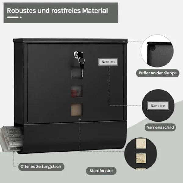 Postkasser & Brevindkast^Rootz Wall Mailbox - Outdoor Letterbox - Locking Mail Holder - Rust -resistente, Privacy Secure - 37x37x10,5 cm sort