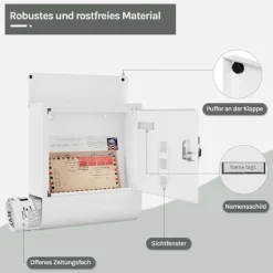 Outlet Rootz White Mailbox - Vægmonteret postkasse - Sikkert låsesystem - Galvaniseret stål - 30,6 x 33,5 x 10 cm Postkasser & Brevindkast