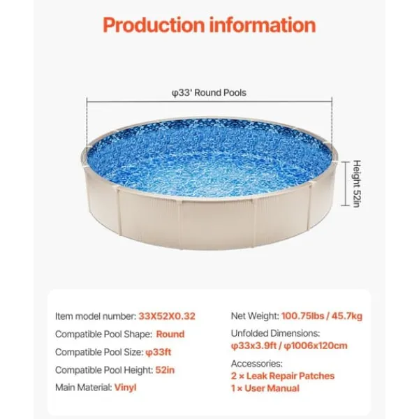 New Rund Pool Liner 33ft, Unibead Style Pool Liner, 52in væghøjde Pool- & Spatilbehør