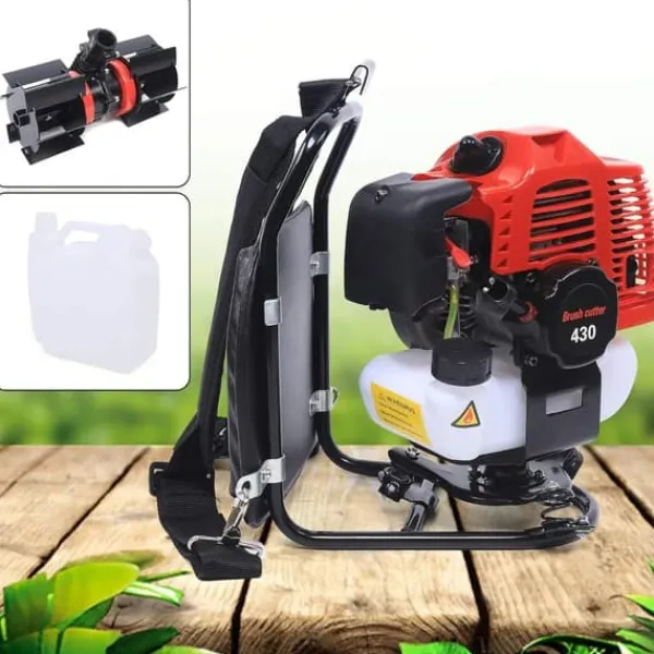 Havemaskiner^Rygbåren Buskrydder/Græstrimmer - Benzindrevet - 43 cm³, 1,7 HP, 2-Takt, Luftkølet, 4500–8500 rpm - Sort