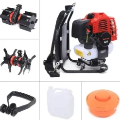 Havemaskiner^Rygbåren Buskrydder/Græstrimmer - Benzindrevet - 43 cm³, 1,7 HP, 2-Takt, Luftkølet, 4500–8500 rpm - Sort