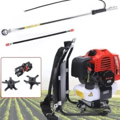 Havemaskiner^Rygbåren Buskrydder/Græstrimmer - Benzindrevet - 43 cm³, 1,7 HP, 2-Takt, Luftkølet, 4500–8500 rpm - Sort