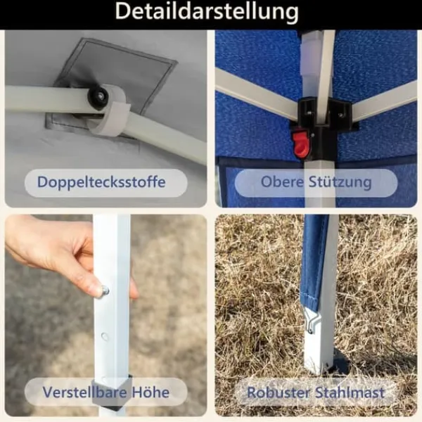 Telte & Lysthuse^Sammenklappelig havepavillon 3x3 m med 4 sidevægge, højdejusterbar i 3 positioner, blå