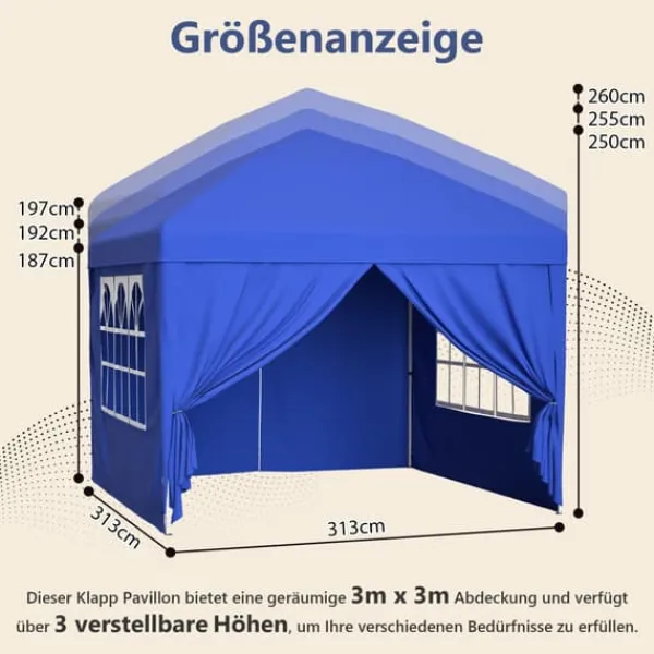 Telte & Lysthuse^Sammenklappelig havepavillon 3x3 m med 4 sidevægge, højdejusterbar i 3 positioner, blå