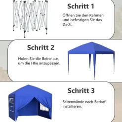 Telte & Lysthuse^Sammenklappelig havepavillon 3x3 m med 4 sidevægge, højdejusterbar i 3 positioner, blå