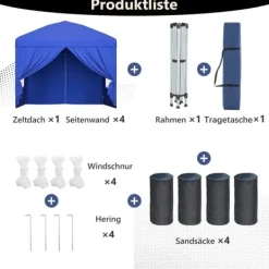 Telte & Lysthuse^Sammenklappelig havepavillon 3x3 m med 4 sidevægge, højdejusterbar i 3 positioner, blå