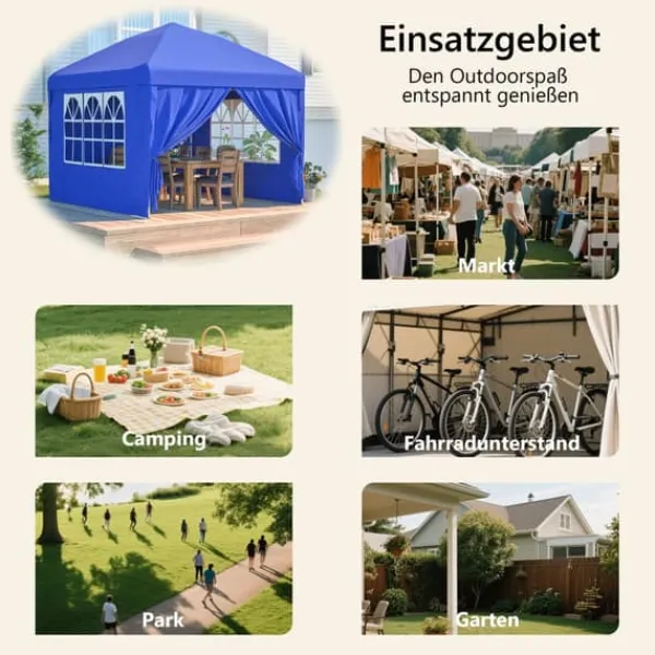 Telte & Lysthuse^Sammenklappelig havepavillon 3x3 m med 4 sidevægge, højdejusterbar i 3 positioner, blå