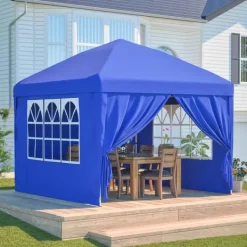 Telte & Lysthuse^Sammenklappelig havepavillon 3x3 m med 4 sidevægge, højdejusterbar i 3 positioner, blå