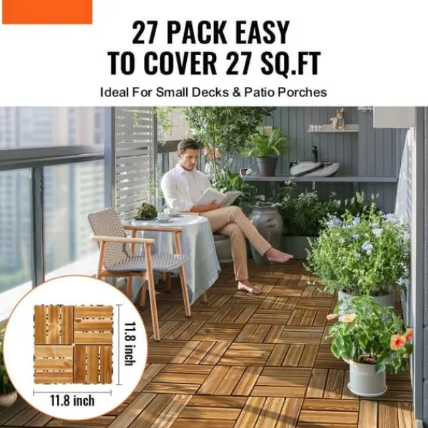 Havedekorationer^Sammenlåsende dækfliser, massivt træ 27 pakke 12x12, Kamferfyr, vejrbestandige, skridsikre, ideelle til verandaer
