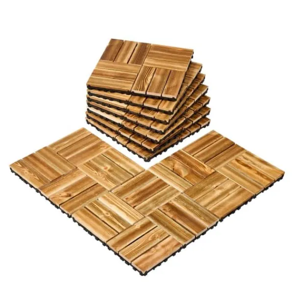 Havedekorationer^Sammenlåsende dækfliser, Massivt træ 10 pakke 12x12, Kamferfyr, holdbare, velegnede til veranda, nem at installere