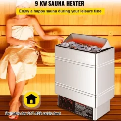 Sauna^Saunaovn 9 KW, el-sausnherd 380 V - 415 V, rustfri stål saunaovn, elektrisk saunaovn med 2 indstillinger (temperatur, tid) og ekstern