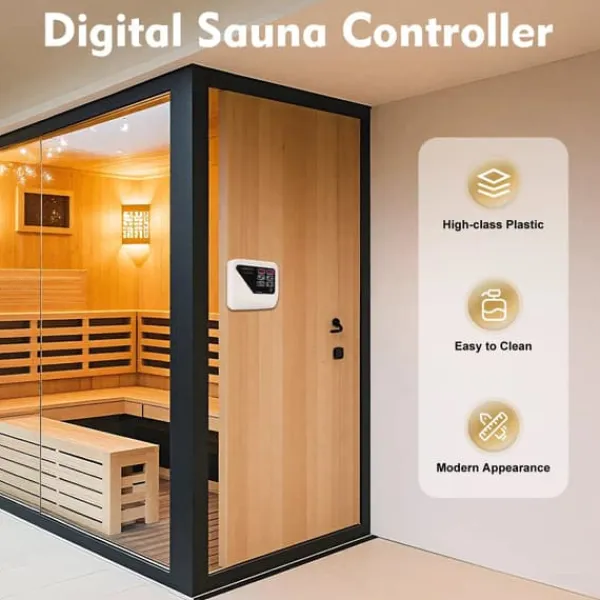 Sauna^Saunaovn styreenhed - Ekstern kontrolpanel - Vægmonteret - 220–240 V - Til 3–9 kW - 40–105 °C - Lysstyring 60 W - Digital