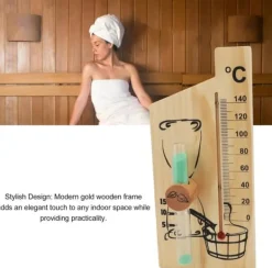 Sauna^Sauntermometer, timeglas, dampbadssaunatermometer og hygrometer, let træramme, dobbelt måler, vægmontering, indendørs brug, massiv