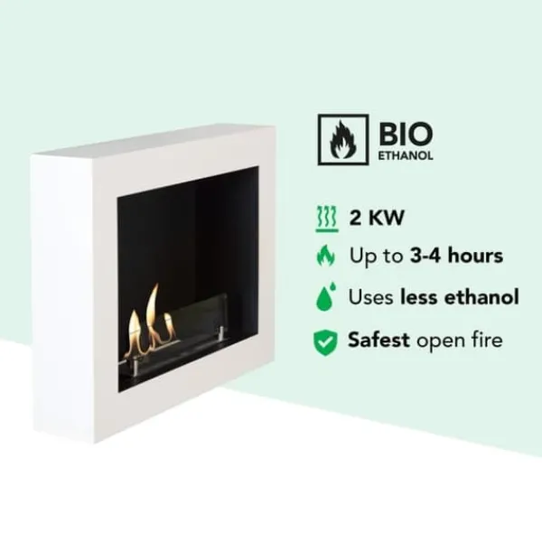 Hot Serra bio-ethanol vægkomfur - Hvid - atmosfærisk brændeovn - 1,5 KW varme Pejse