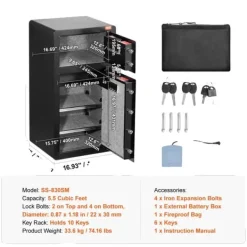 Pengeskabe^Sikkerhedsboks, Fingeraftrykslås, Dobbelt Alarm System,2-vejsAdgang 5.5CU.FT