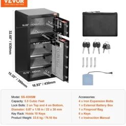 Pengeskabe^Sikkerhedsboks, Fingeraftrykslås, Dobbelt Alarm System,2-vejsAdgang 5.5CU.FT