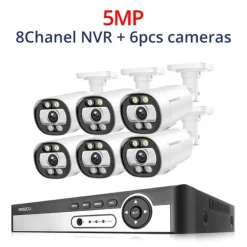 Sikkerhedsmonitorer & Videokameraer^Sikkerhedskamera system, AI ansigtsdetektion, farve natvision,8CH NVR 6PCS KAMERA 5MP, Ingen