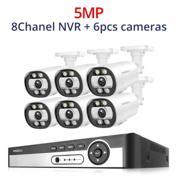 Sikkerhedsmonitorer & Videokameraer^Sikkerhedskamera system, AI ansigtsdetektion, farve natvision,8CH NVR 6PCS KAMERA 5MP, Ingen