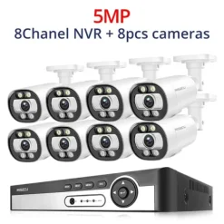 Sikkerhedsmonitorer & Videokameraer^Sikkerhedskamera system, AI ansigtsdetektion, farve natvision,8CH NVR 8PCS CAM 5MP, 1T