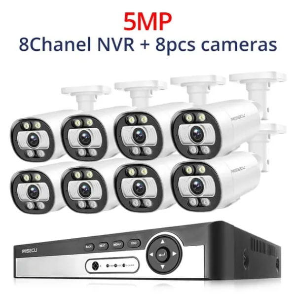 Sikkerhedsmonitorer & Videokameraer^Sikkerhedskamera system, AI ansigtsdetektion, farve natvision,8CH NVR 8PCS CAM 5MP, 1T